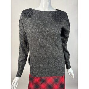 Elle Womens Black Metallic Knit Sweater W/ Floral Appliqué Small Made In China